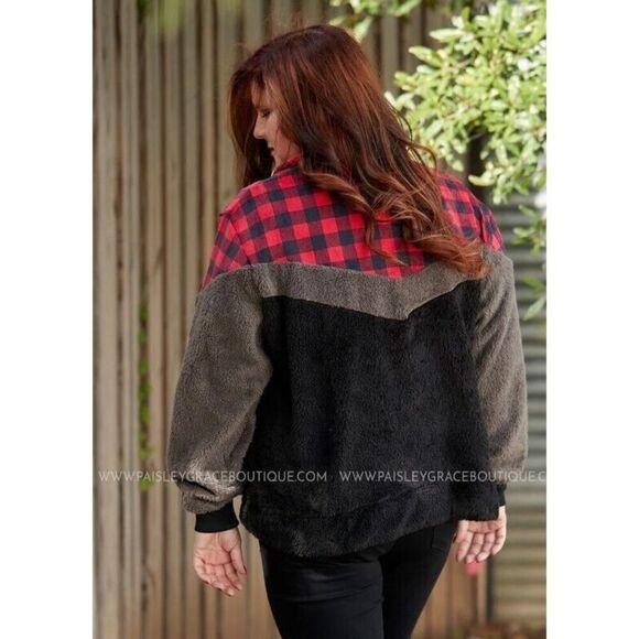 Grace & Emma Sherpa Pullover Size XL Jacket Country Chic Buffalo Plaid Bonfire - Picture 3 of 5